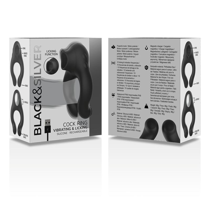 BLACK&SILVER - Vibrationsring aus Silikon, 3 Motoren, wiederaufladbar, Schwarz
