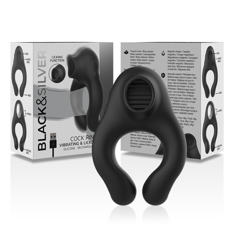 BLACK&SILVER - Vibrationsring aus Silikon, 3 Motoren, wiederaufladbar, Schwarz