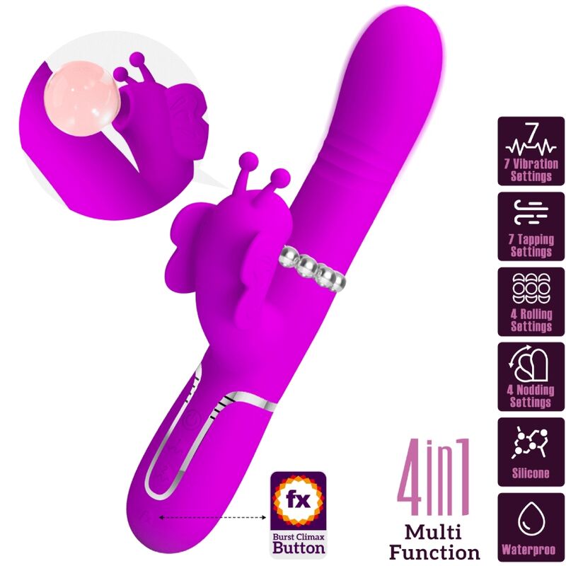 PRETTY LOVE - Multifunktions-Kaninchenvibrator 4 in 1 Schmetterling Fuchsia