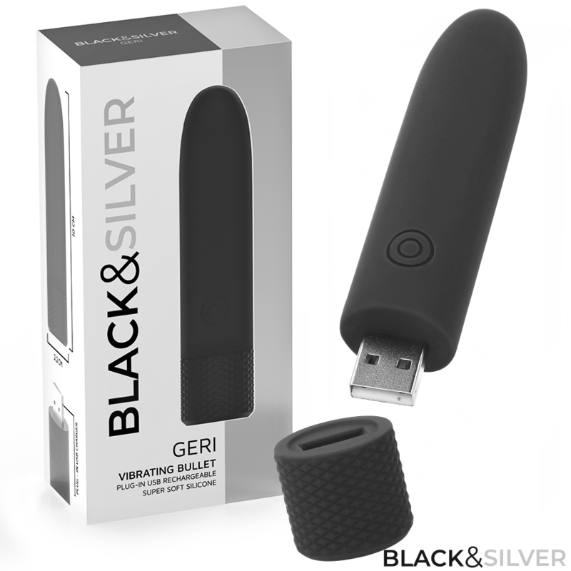 SCHWARZ & SILBER - GERI USB WIEDERAUFLADBARER VIBRIERENDER BULLET 8 VIBRATIONEN SCHWARZ 10 X 2,2 CM