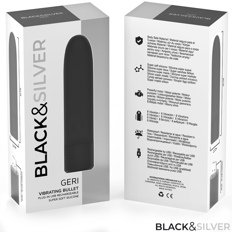 SCHWARZ & SILBER - GERI USB WIEDERAUFLADBARER VIBRIERENDER BULLET 8 VIBRATIONEN SCHWARZ 10 X 2,2 CM