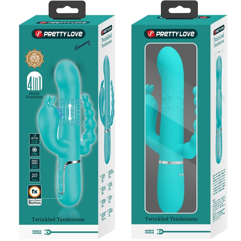 Entdecken Sie den PRETTY LOVE - CAMMY 4 in 1 Multifunktions-Dreifach-Rabbit-Vibrator in einem ansprechenden Blau. Dieser vielseitige Vibrator bietet Ihnen gleich drei aufregende Funktionen in einem Gerät. Lassen Sie sich von den kraftvollen Vibrationen verwöhnen und erleben Sie unvergessliche Höhepunkte. Ideal für Solo-Abenteuer oder als aufregende Ergänzung zu gemeinsamen Momenten. Gönnen Sie sich das Vergnügen, das Sie verdienen!