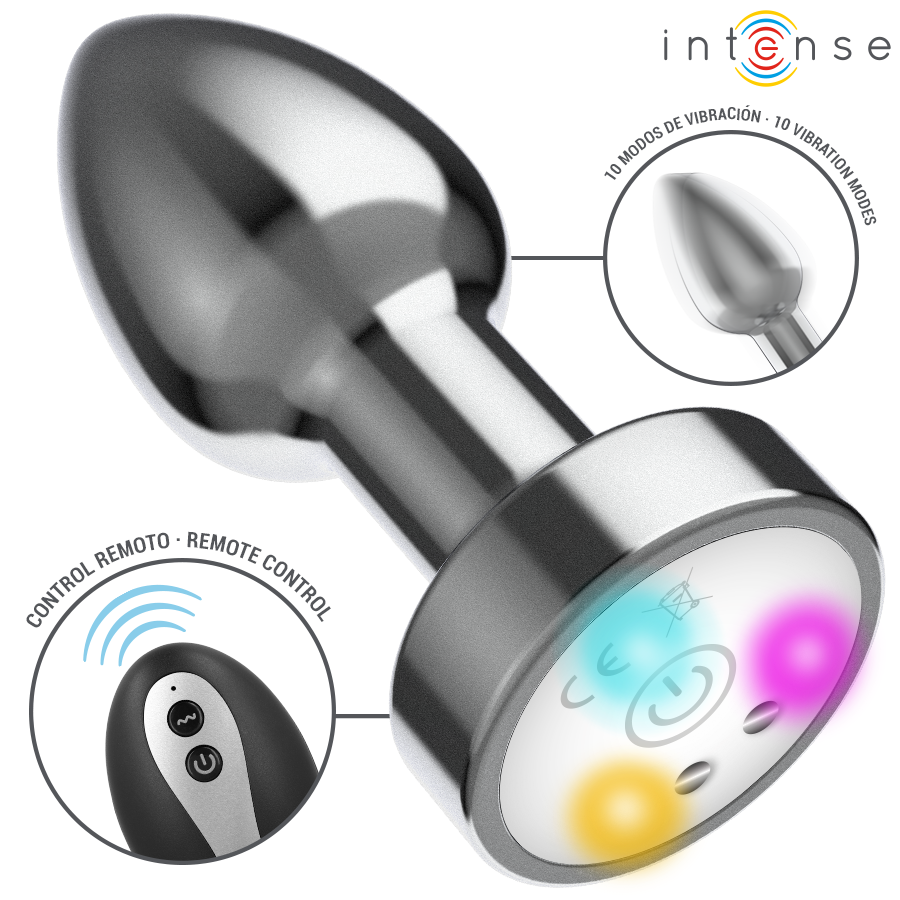 INTENSE - VIBRIERENDER ANALPLUG AUS METALL MIT LED-LEUCHTEN UND FERNBEDIENUNG