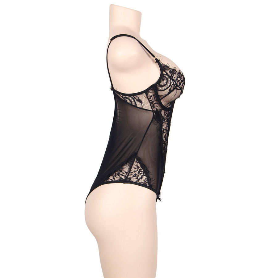 SUBBLIME - QUEEN PLUS BLUMENSPITZE UND FRANSEN TEDDY IN SCHWARZ