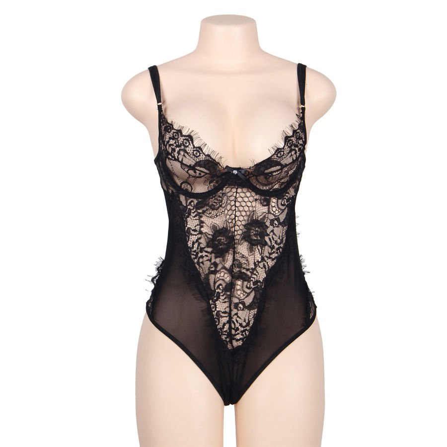 SUBBLIME - QUEEN PLUS BLUMENSPITZE UND FRANSEN TEDDY IN SCHWARZ
