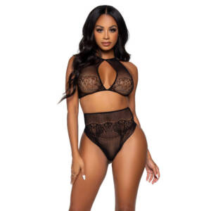LEG AVENUE - Zweiteiliges Set, Neckholder-Crop-Top und Tanga-Höschen, Einheitsgröße