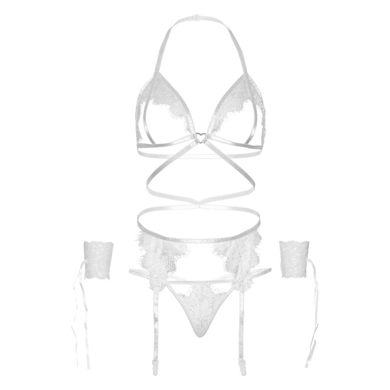 VIERTEILIGES SET: BH, G-STRING, STRUMPFGÜRTEL UND HANDGELENK-MANSCHETTEN, EINE GRÖSSE - WEISS