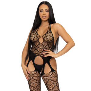 LEG AVENUE - Bodystocking aus rotem Netz mit Trägern, Einheitsgröße - Schwarz