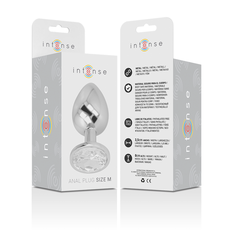 INTENSE - Aluminium-Metall-Analplug mit silbernem Kristall, Größe M