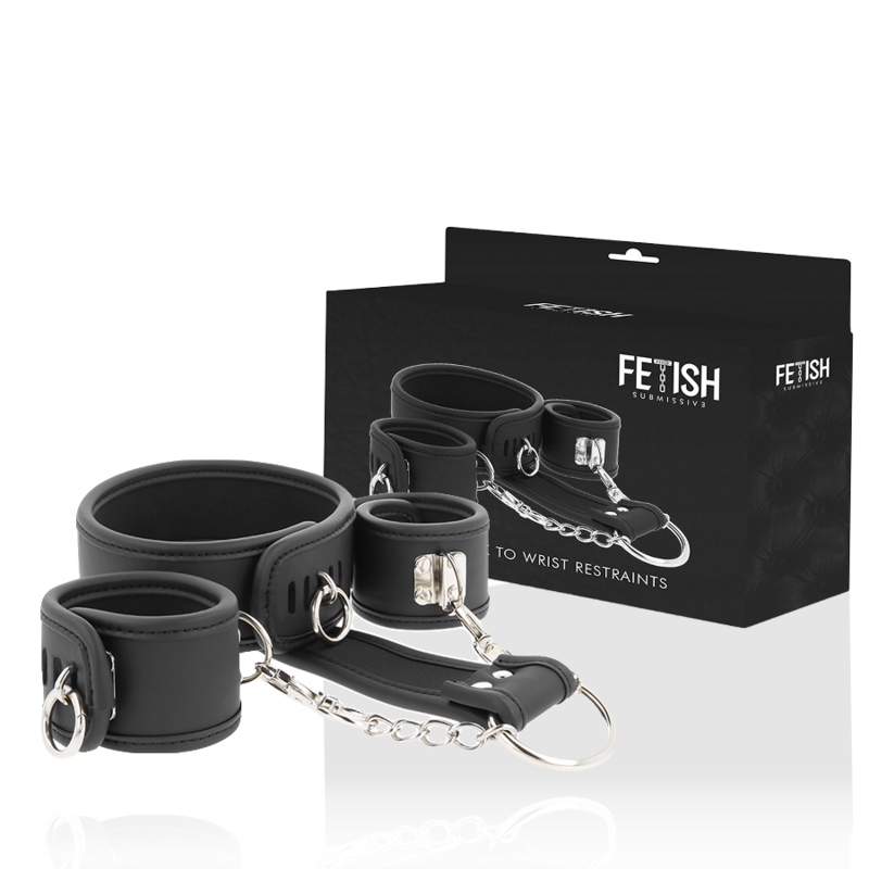 FETISH SUBMISSIVE - HALSKETTE UND HANDSCHELLEN AUS VEGANEM LEDER MIT NEOPREN-FUTTER