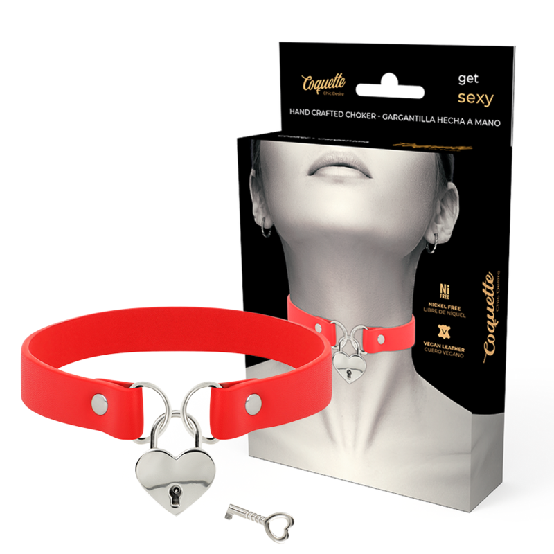 COQUETTE CHIC DESIRE - ROTE HALSKETTE AUS VEGANEM LEDER MIT HERZ-ACCESSOIRE UND SCHLÜSSEL