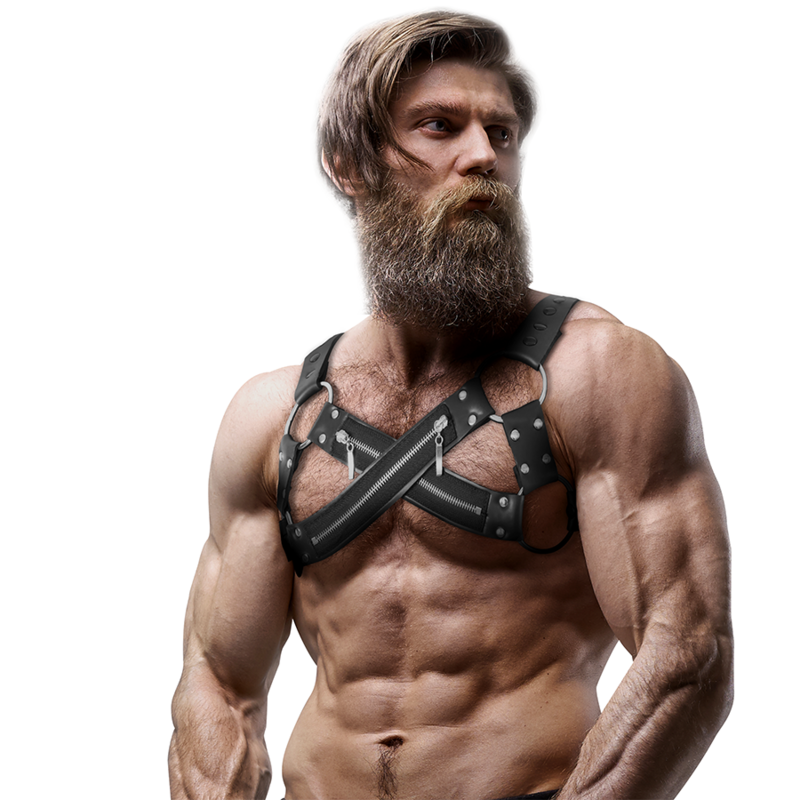 FETISH SUBMISSIVE ATTITUDE - Verstellbarer Neopren-Brustgurt mit Cross-Over-Bulldog-Reißverschluss für Männer