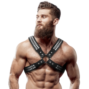 FETISH SUBMISSIVE ATTITUDE - Herren-Halsband aus Ökoleder mit gekreuzter Brust und Nieten