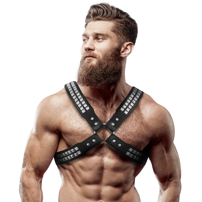 FETISH SUBMISSIVE ATTITUDE - Herren-Halsband aus Ökoleder mit gekreuzter Brust und Nieten