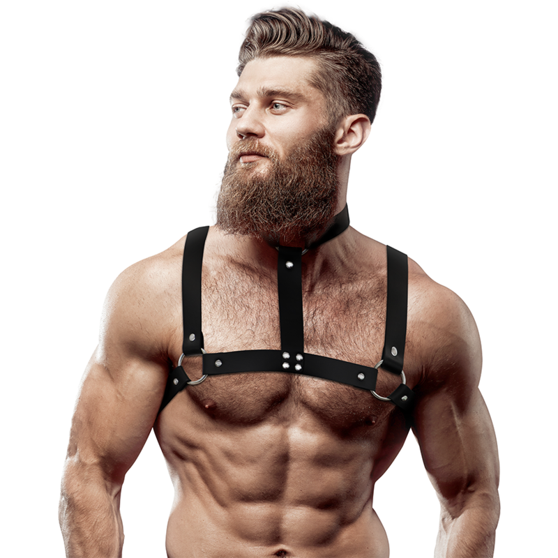 FETISH SUBMISSIVE ATTITUDE - Verstellbarer Brust-Harness aus Ökoleder mit Halskette für Männer