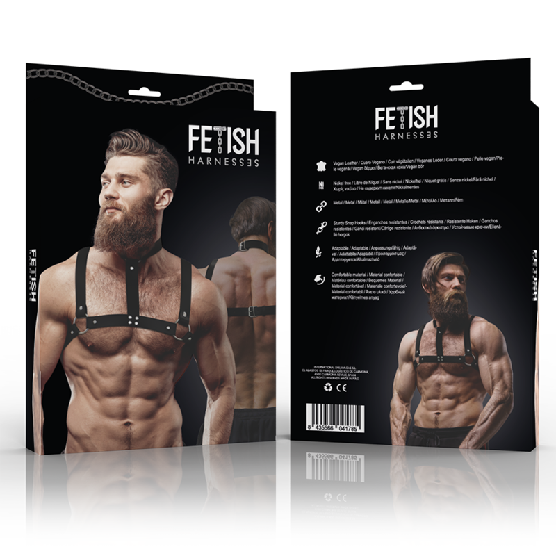 FETISH SUBMISSIVE ATTITUDE - Verstellbarer Brust-Harness aus Ökoleder mit Halskette für Männer
