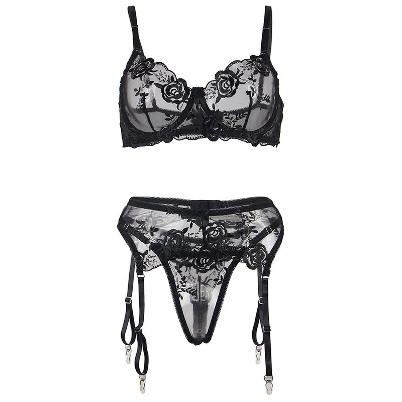 SUBBLIME - 3-teiliges Set BH + String + Strumpfband Blumenprint Schwarz L/XL