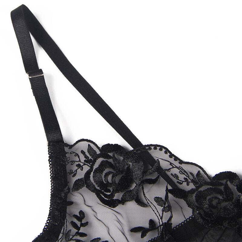 SUBBLIME - 3-teiliges Set BH + String + Strumpfband Blumenprint Schwarz L/XL