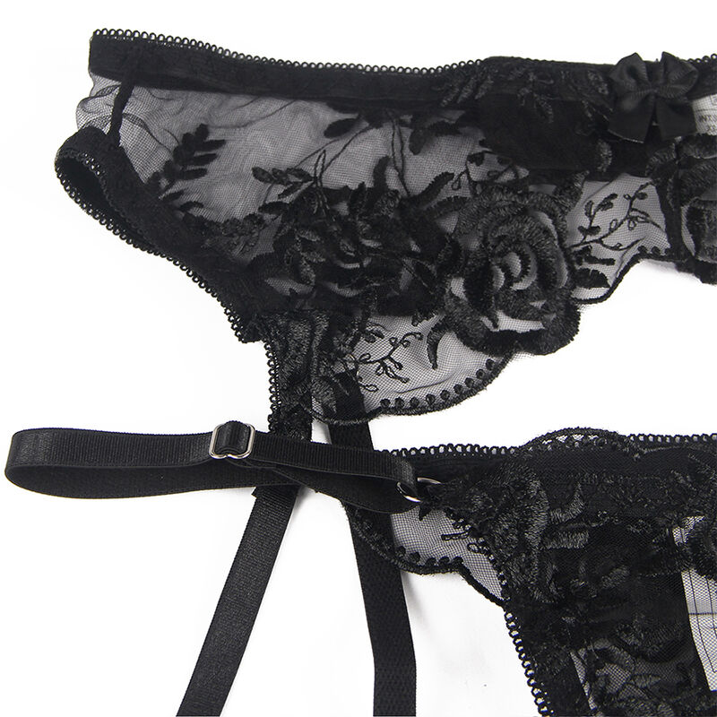 SUBBLIME - 3-teiliges Set BH + String + Strumpfband Blumenprint Schwarz L/XL