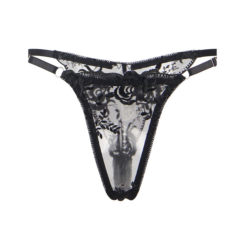 SUBBLIME - 3-teiliges Set BH + String + Strumpfband Blumenprint Schwarz L/XL