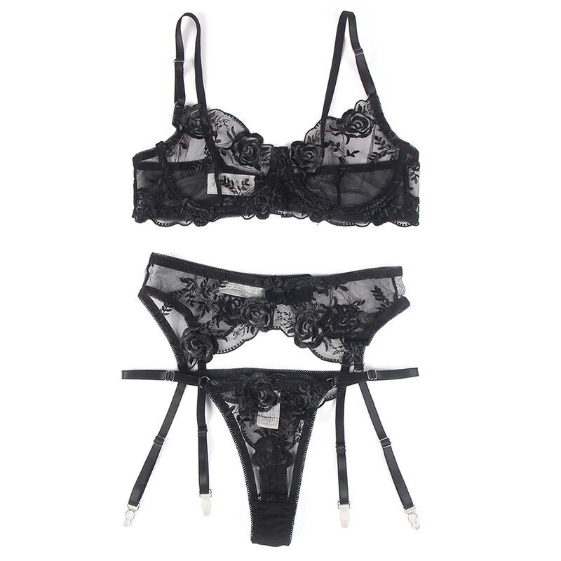 SUBBLIME - 3-teiliges Set BH + String + Strumpfband Blumenprint Schwarz L/XL