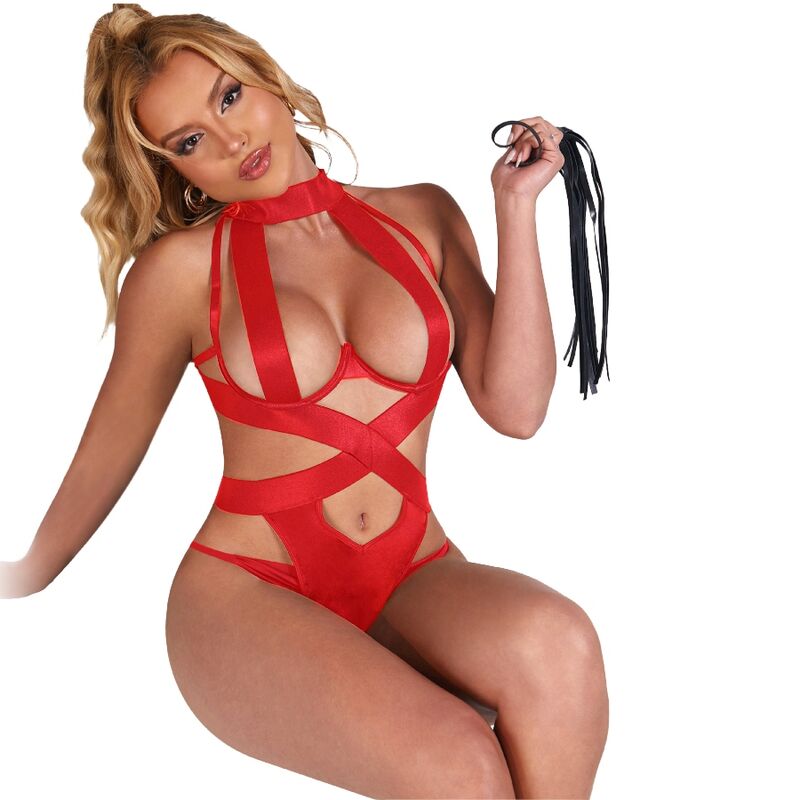 SUBBLIME - SEXY HALTERBODY MIT HARNESS ROT S/M