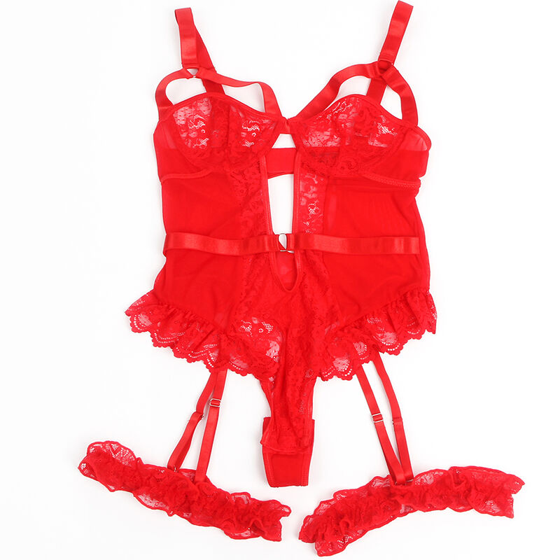 SUBBLIME - Teddy mit Strumpband mit Spitzen-Detail und Streifen Rot S/M