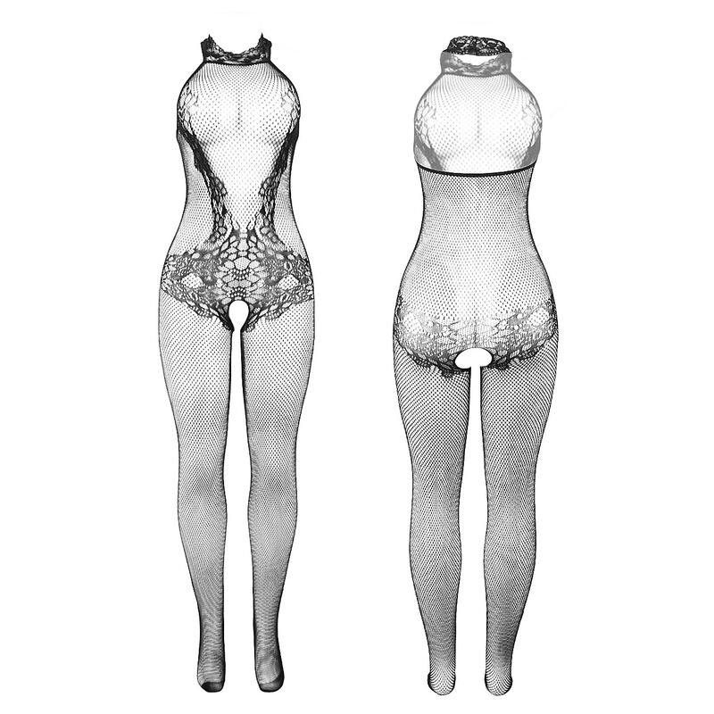 SUBBLIME - 951801 Bodystocking aus Netz und Spitze mit oberem Ausschnitt Schwarz Einheitsgröße
