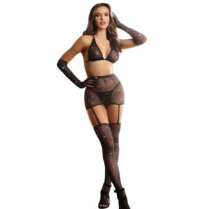 SUBBLIME - 952174 Netz-Bodystocking mit Handschuhen und Diamanten Schwarz Einheitsgröße