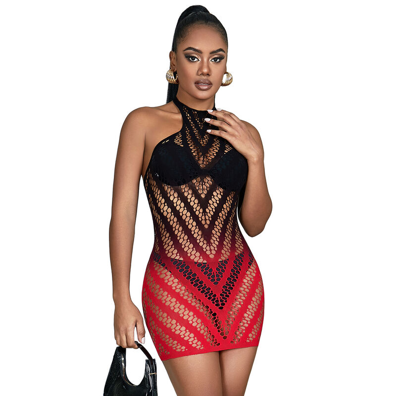SUBBLIME - 952242 Rotes und schwarzes Kleid aus elastischem Netz mit abgeschnittenem Degrad, eine Größe