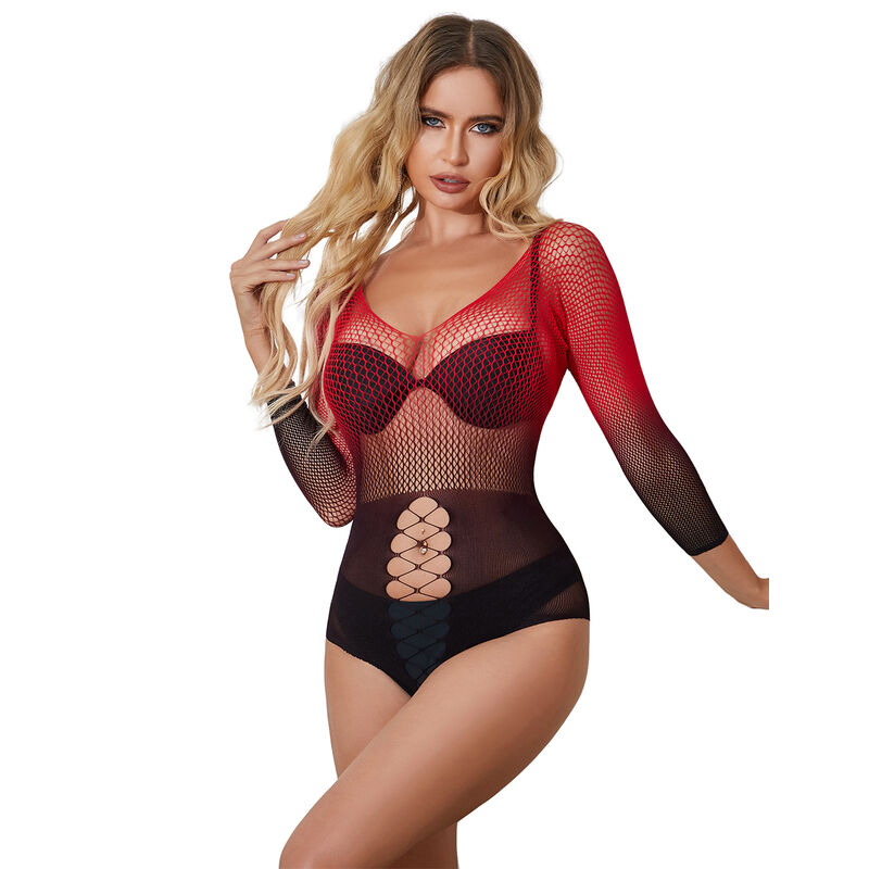 SUBBLIME - 952259 Rotes und schwarzes Kleid mit langen Ärmeln und elastischem Netzverlauf, eine Größe