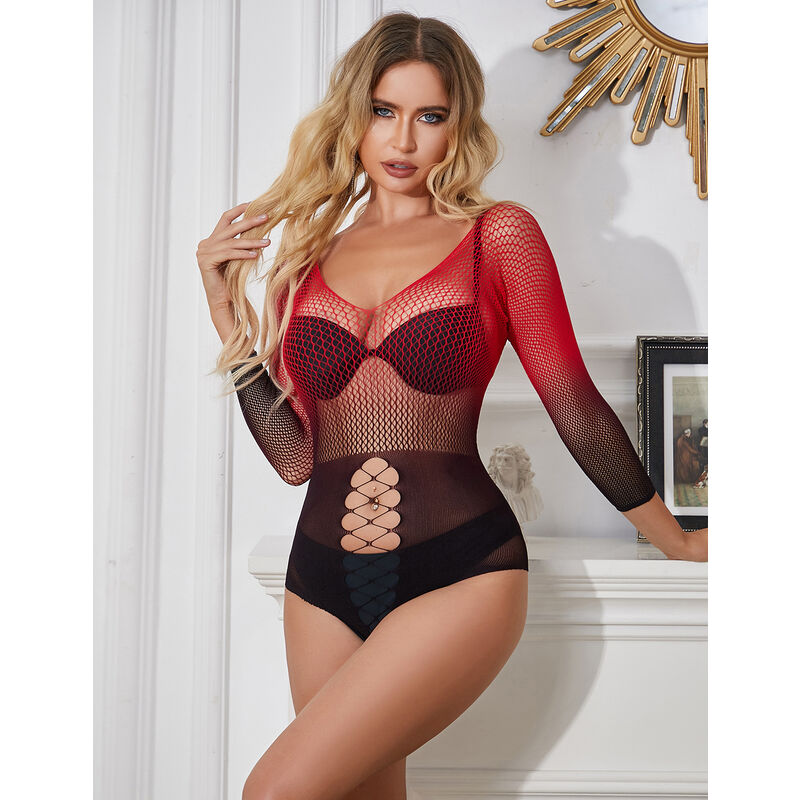 SUBBLIME - 952259 Rotes und schwarzes Kleid mit langen Ärmeln und elastischem Netzverlauf, eine Größe