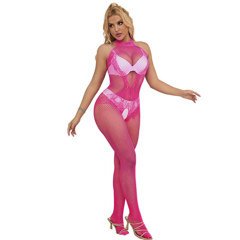 SUBBLIME - 952389 Bodystocking mit schnittfreiem Netz und Spitze mit hohem Hals, eine Größe