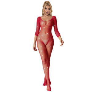 SUBBLIME - 952419 Netz-Bodystocking mit Diamanten, langen Ärmeln, Rot, XS/M