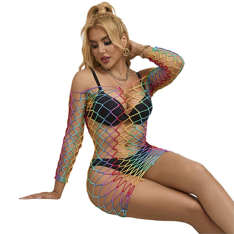 SUBBLIME - 952426 Regenbogen-Kleid mit langen Ärmeln und Netz, eine Größe