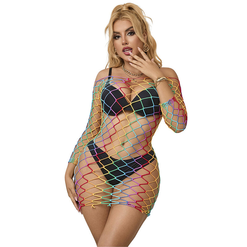 SUBBLIME - 952426 Regenbogen-Kleid mit langen Ärmeln und Netz, eine Größe