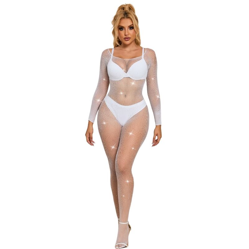 SUBBLIME - 952396 Netz-Bodystocking mit Diamanten langarm Weiß eine Größe
