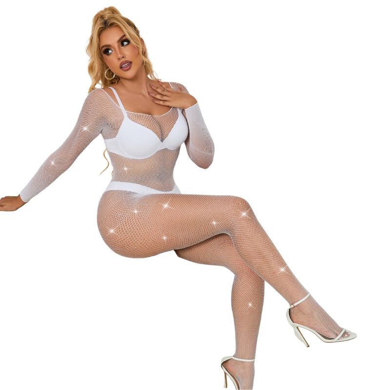 SUBBLIME - 952396 Netz-Bodystocking mit Diamanten langarm Weiß eine Größe