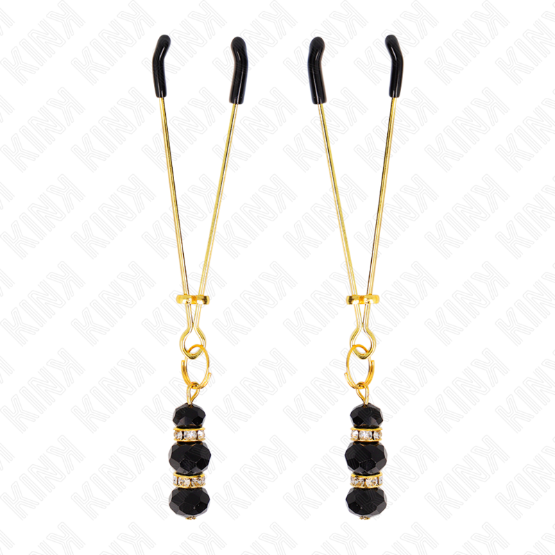 KINK - Goldene dünne Nippelklemmen mit 3 schwarzen Glasperlen 7 cm