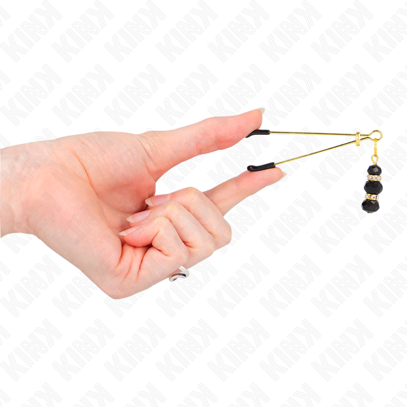 KINK - Goldene dünne Nippelklemmen mit 3 schwarzen Glasperlen 7 cm
