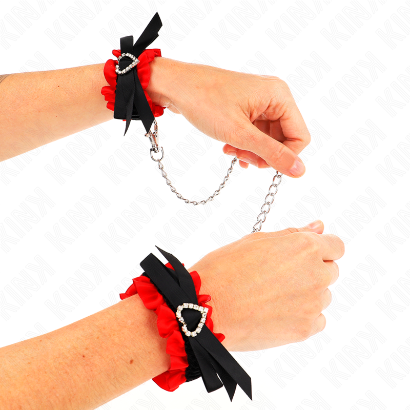 KINK - Elastische Handgelenksfesseln aus Spitze mit roten Herzdetails, verstellbar 22-35 cm