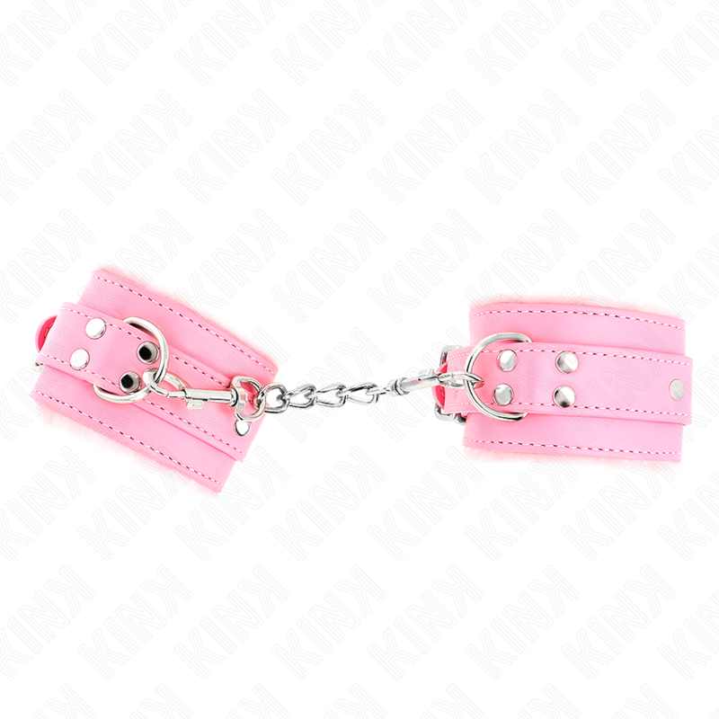 KINK - Pelzgefütterte Handgelenkfesseln Rosa mit Rosa Gürtel verstellbar 17-29 cm x 6 cm