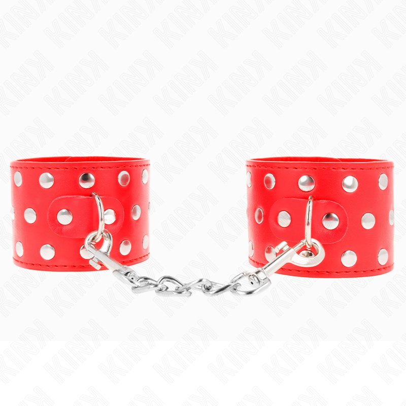 KINK - Handgelenkfesseln mit Druckverschluss, voller Nieten, Rot, verstellbar 19-24 cm x 5,5 cm