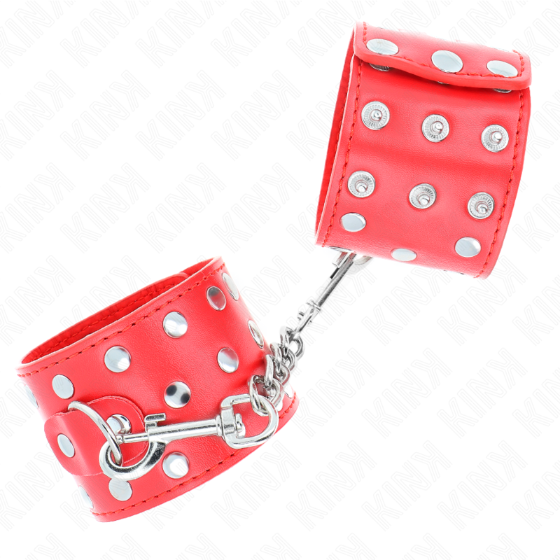 KINK - Handgelenkfesseln mit Druckverschluss, voller Nieten, Rot, verstellbar 19-24 cm x 5,5 cm