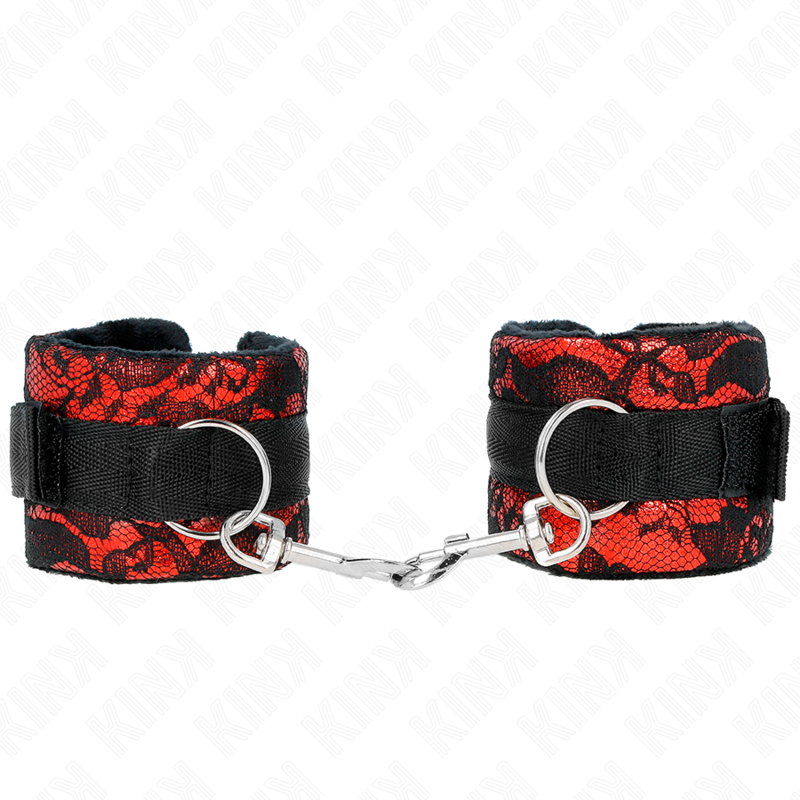 KINK - Kurze Handgelenkfesseln aus Samtspitze und Nylonfessel Rot/Schwarz 23 x 6,5 cm
