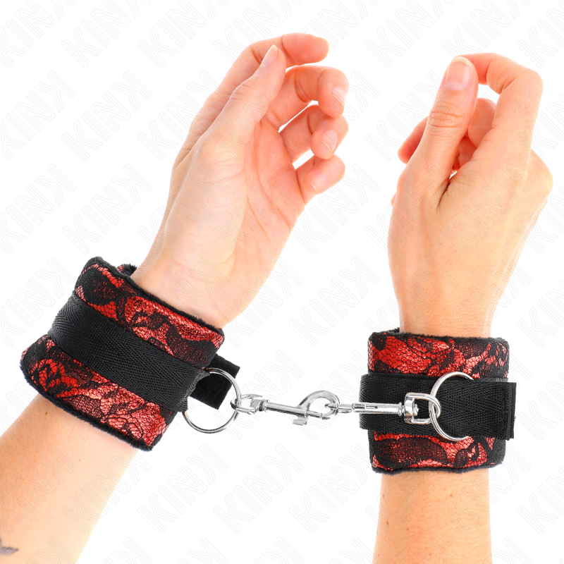 KINK - Kurze Handgelenkfesseln aus Samtspitze und Nylonfessel Rot/Schwarz 23 x 6,5 cm