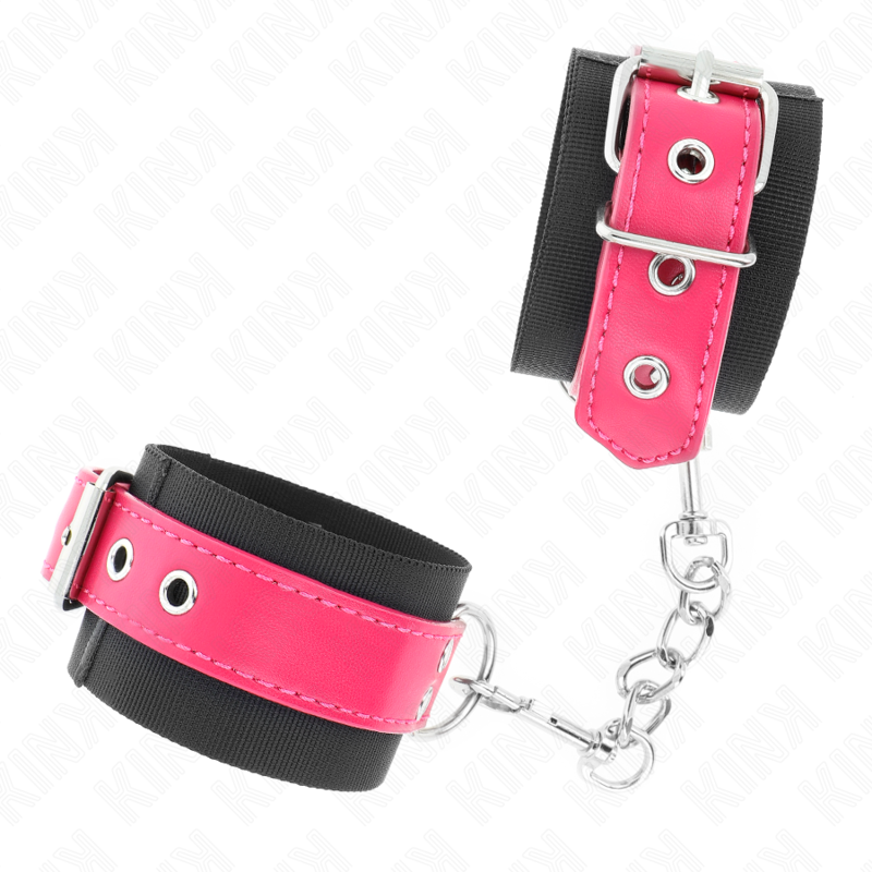 KINK - Nylon-Handgelenkfesseln Schwarz mit Kunstledergürtel Himbeerrosa verstellbar 19-29 cm x 5,1 cm