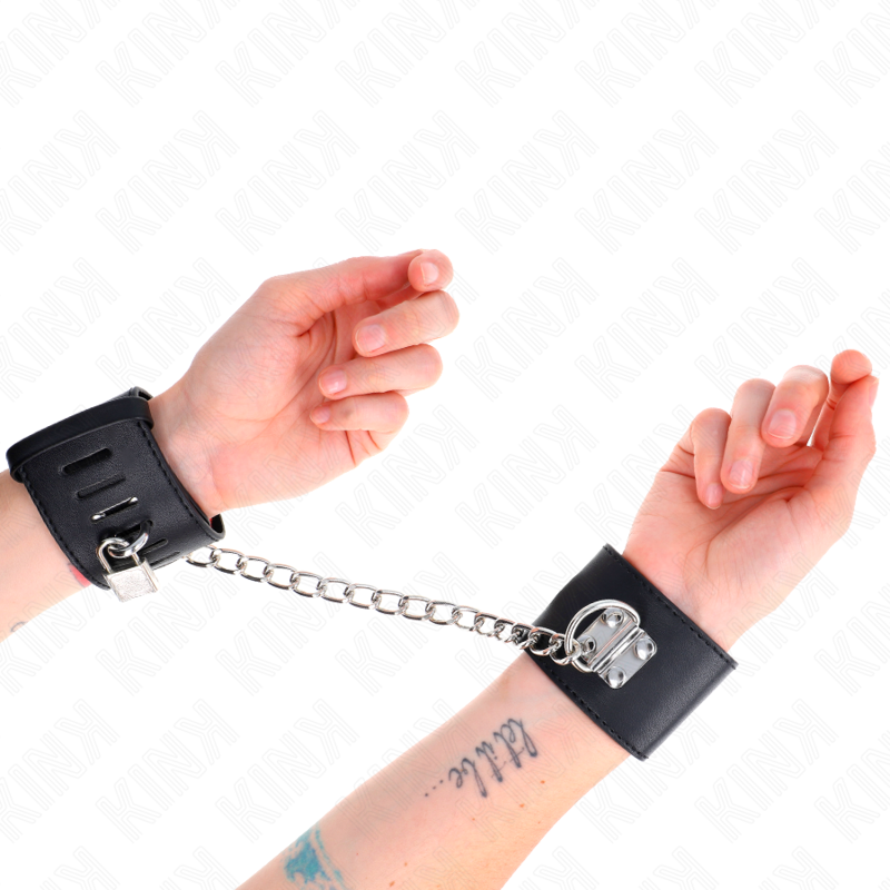 KINK - Feste Handgelenkfesseln mit Kette 30 cm und Vorhängeschlossverschluss Schwarz verstellbar 16-23 cm x 5,5 cm