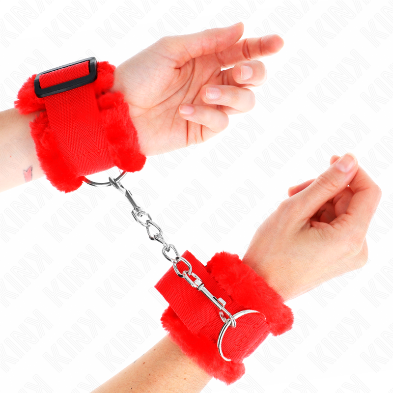 KINK - Pelzgefütterte Handgelenkfesseln Rot Verstellbar 17-31 cm x 7 cm