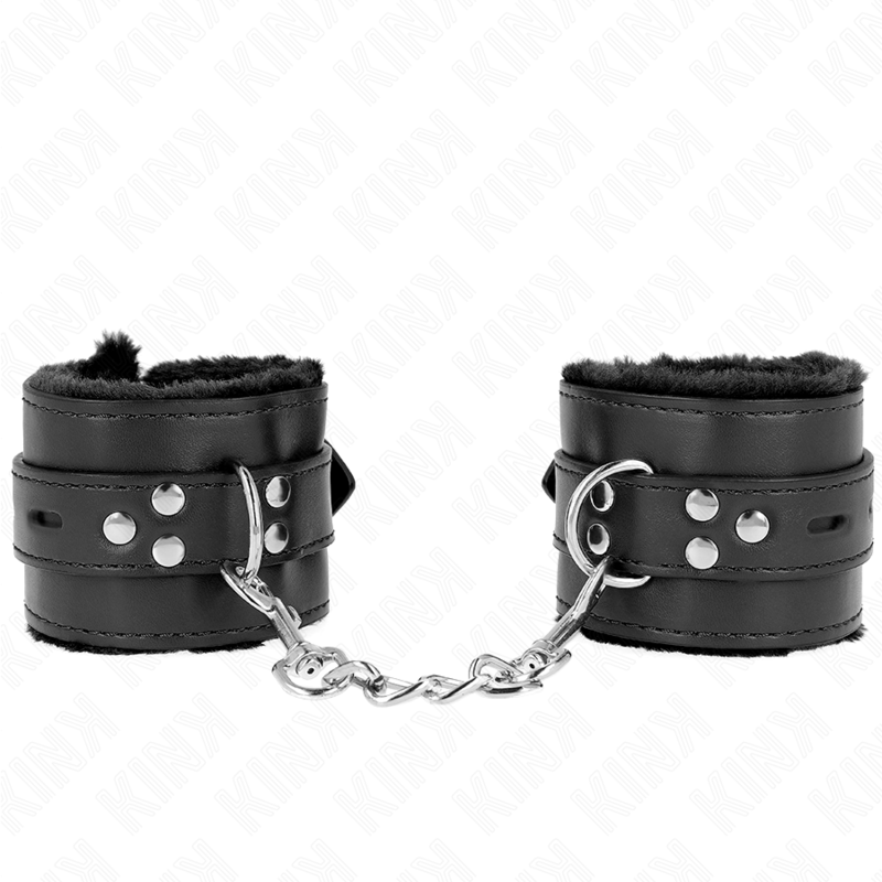 KINK - Pelzgefütterte Handgelenkfesseln mit quadratischen Löchern, Schwarz und Schwarz, verstellbarer Gürtel 17-29 cm x 6 cm
